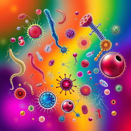 A striking and colorful illustration of various microorganisms, including bacteria, viruses, and protozoa, depicted in a highly detailed and artistic manner