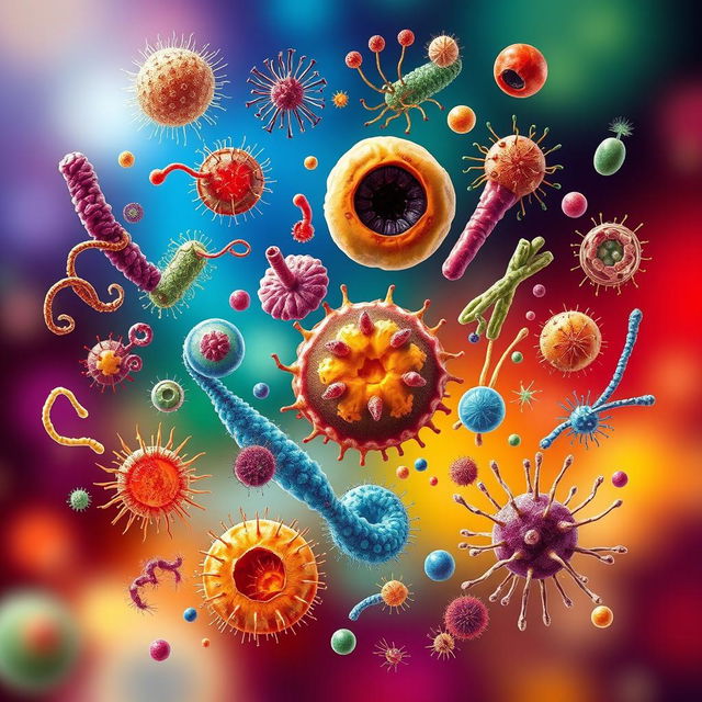 A striking and colorful illustration of various microorganisms, including bacteria, viruses, and protozoa, depicted in a highly detailed and artistic manner