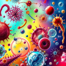 A striking and colorful illustration of various microorganisms, including bacteria, viruses, and protozoa, depicted in a highly detailed and artistic manner