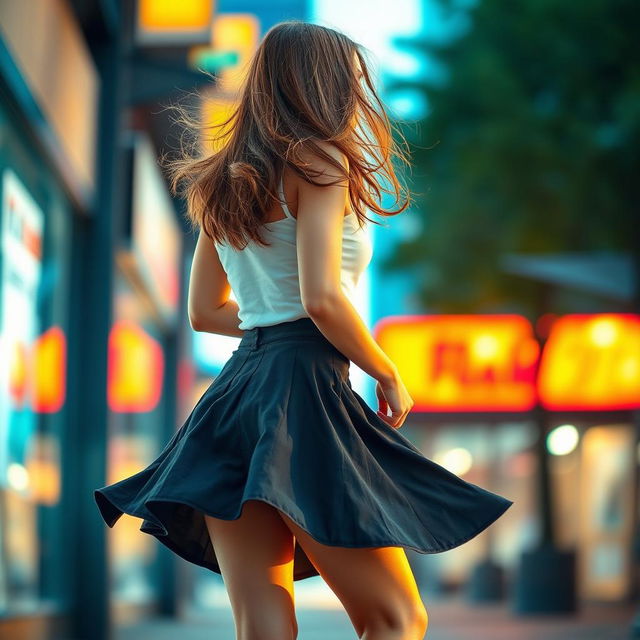 A stylish young woman wearing a trendy skirt, posed from the backside to highlight her fashionable outfit