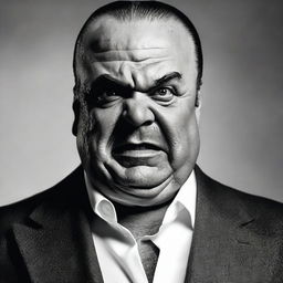 A hyperrealistic, black and white, close-up portrait of a grimacing mafia member, displaying his unyielding anger with piercing eyes, resembling a high-end, real-life photoshoot