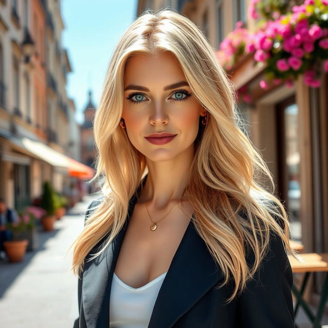 A 35-year-old European woman with light blonde hair that cascades elegantly around her shoulders