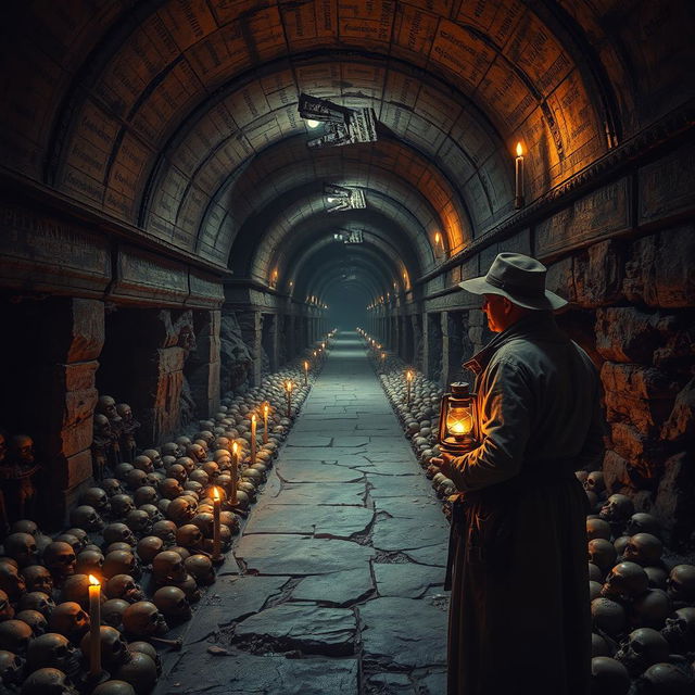 A hyper-realistic portrayal of the Catacombs of Paris, showcasing the intricate details of the ancient stone walls covered in historical inscriptions and weathered textures