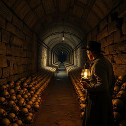 A hyper-realistic portrayal of the Catacombs of Paris, showcasing the intricate details of the ancient stone walls covered in historical inscriptions and weathered textures