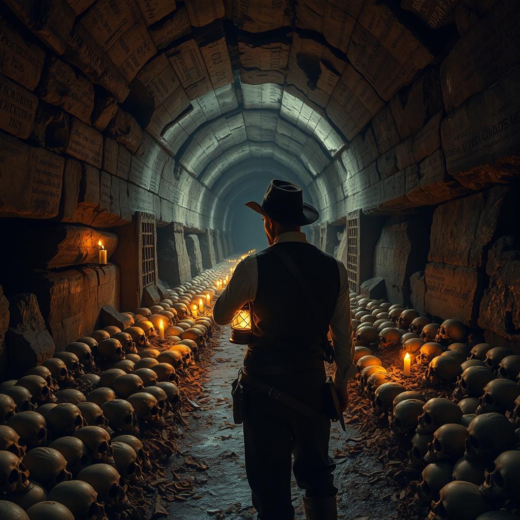 A hyper-realistic portrayal of the Catacombs of Paris, showcasing the intricate details of the ancient stone walls covered in historical inscriptions and weathered textures