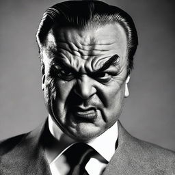 A hyperrealistic, black and white, close-up portrait of a grimacing mafia member, displaying his unyielding anger with piercing eyes, resembling a high-end, real-life photoshoot