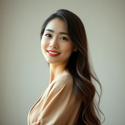 A beautiful 37-year-old Vietnamese woman with fair skin and soft facial features, standing waist-up