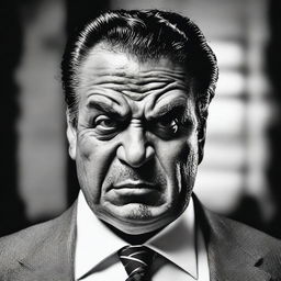 A hyperrealistic, black and white, close-up portrait of a grimacing mafia member, displaying his unyielding anger with piercing eyes, resembling a high-end, real-life photoshoot