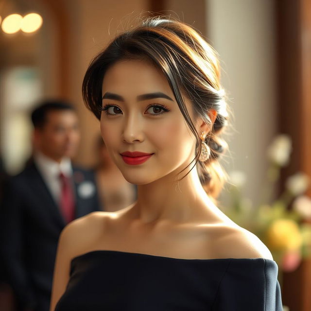 A beautiful 37-year-old Vietnamese woman with light skin and soft facial features, dressed elegantly, visible from the waist up