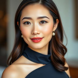 A beautiful 37-year-old Vietnamese woman with light skin and soft facial features, dressed elegantly, visible from the waist up