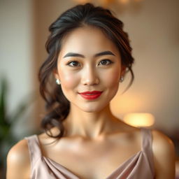 A beautiful 37-year-old Vietnamese woman with light skin and soft facial features, dressed elegantly, visible from the waist up