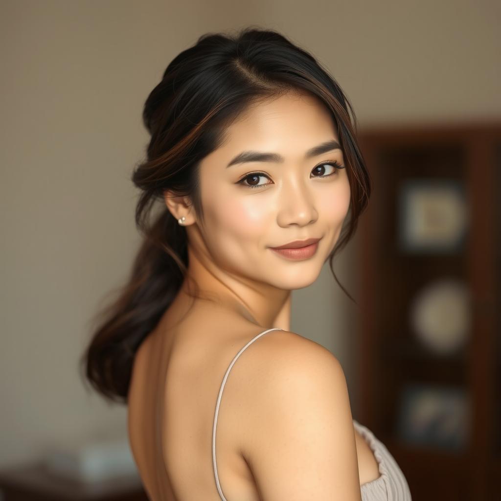 A beautiful 37-year-old Vietnamese woman with light skin and soft facial features, dressed elegantly, visible from the waist up