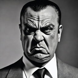 A hyperrealistic, black and white, close-up portrait of a grimacing mafia member, displaying his unyielding anger with piercing eyes, resembling a high-end, real-life photoshoot