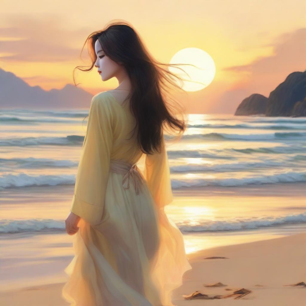 A breathtakingly beautiful Korean girl, her hair flowing freely, standing on a picturesque beach, the golden sunset painting a radiant aura around her