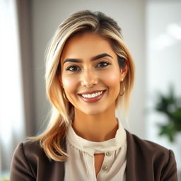 A 34-year-old Latina woman with neatly styled blonde hair framing her face, wearing modern and stylish clothing such as a soft-textured blouse or a fashionable yet professional outfit