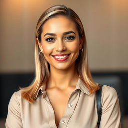 A 34-year-old Latina woman with neatly styled blonde hair framing her face, wearing modern and stylish clothing such as a soft-textured blouse or a fashionable yet professional outfit