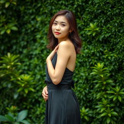A beautiful 37-year-old Vietnamese woman with light skin and soft facial features, dressed elegantly