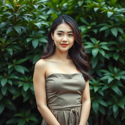 A beautiful 37-year-old Vietnamese woman with light skin and soft facial features, dressed elegantly
