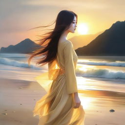 A breathtakingly beautiful Korean girl, her hair flowing freely, standing on a picturesque beach, the golden sunset painting a radiant aura around her