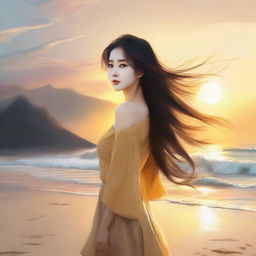 A breathtakingly beautiful Korean girl, her hair flowing freely, standing on a picturesque beach, the golden sunset painting a radiant aura around her