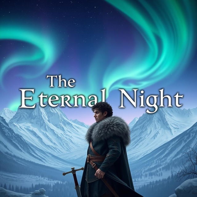 The Eternal Night title designed with elegant typography, set against a fantasy-like Nordic winter landscape