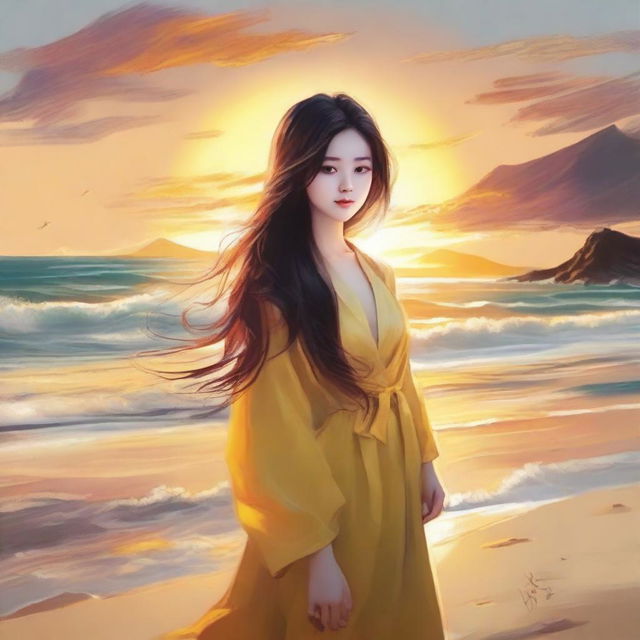 A breathtakingly beautiful Korean girl, her hair flowing freely, standing on a picturesque beach, the golden sunset painting a radiant aura around her