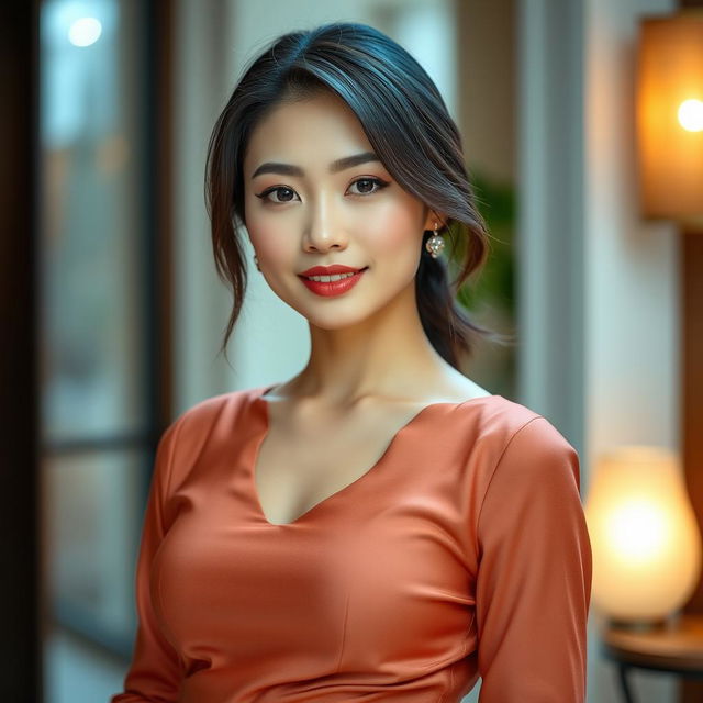 A beautiful 37-year-old Vietnamese woman with light skin, soft facial features, wearing elegant clothing that accentuates her waist