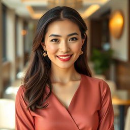 A beautiful 37-year-old Vietnamese woman with light skin, soft facial features, wearing elegant clothing that accentuates her waist