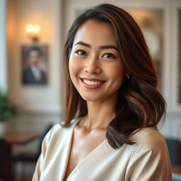 A beautiful 37-year-old Vietnamese woman with light skin, soft facial features, wearing elegant clothing that accentuates her waist