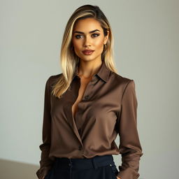 A hyper-realistic image of a 34-year-old Latina woman with neatly styled blonde hair, embodying elegance and confidence