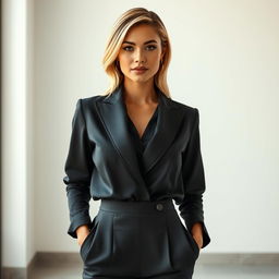 A hyper-realistic image of a 34-year-old Latina woman with neatly styled blonde hair, embodying elegance and confidence