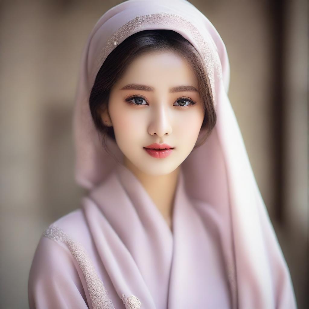 A stunning Korean girl beautifully capturing the essence of modest elegance, draped in a sophisticated Muslim attire, her beauty emanating a serene radiance