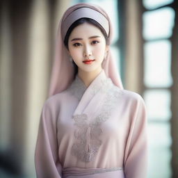 A stunning Korean girl beautifully capturing the essence of modest elegance, draped in a sophisticated Muslim attire, her beauty emanating a serene radiance