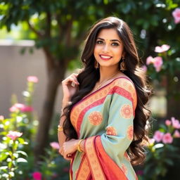 A beautiful Indian woman dressed in a stylish and elegant skirt and blouse, showcasing traditional patterns and vibrant colors