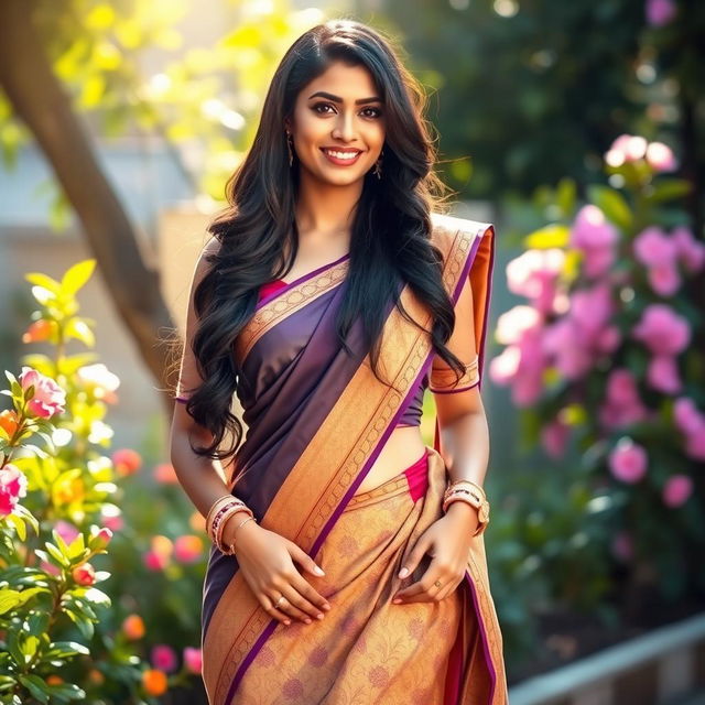 A beautiful Indian woman dressed in a stylish and elegant skirt and blouse, showcasing traditional patterns and vibrant colors