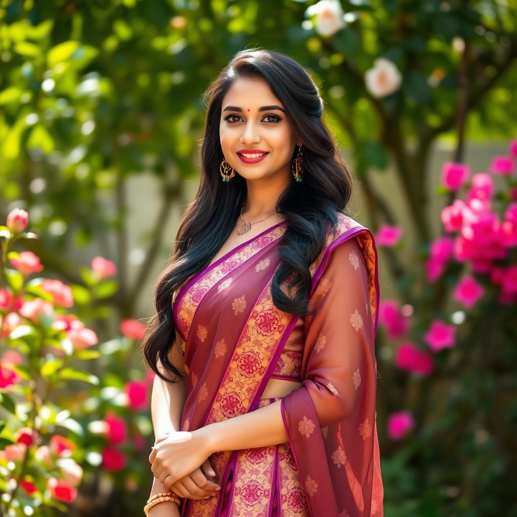 A beautiful Indian woman dressed in a stylish and elegant skirt and blouse, showcasing traditional patterns and vibrant colors