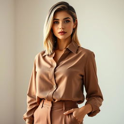 A hyper-realistic portrait of a 34-year-old Latina woman with neatly styled, natural blonde hair