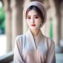 A stunning Korean girl beautifully capturing the essence of modest elegance, draped in a sophisticated Muslim attire, her beauty emanating a serene radiance