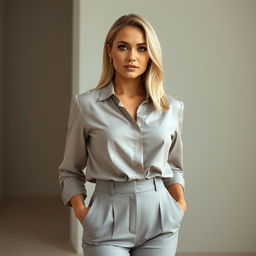 A hyper-realistic portrait of a 34-year-old Latina woman with neatly styled, natural blonde hair