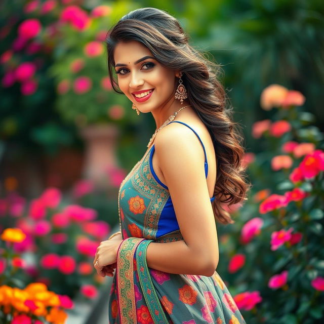 A stunning Indian woman wearing a vibrant traditional skirt, her elegant posture exuding confidence and beauty