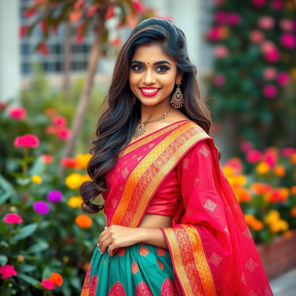 A stunning Indian woman wearing a vibrant traditional skirt, her elegant posture exuding confidence and beauty