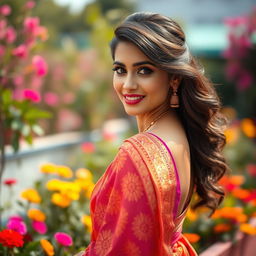 A stunning Indian woman wearing a vibrant traditional skirt, her elegant posture exuding confidence and beauty