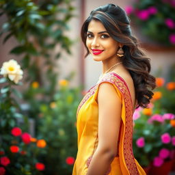 A stunning Indian woman wearing a vibrant traditional skirt, her elegant posture exuding confidence and beauty