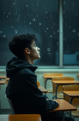 A young man sitting in his classroom, wearing a black jacket, gazing out at the rain through the window