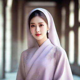 A stunning Korean girl beautifully capturing the essence of modest elegance, draped in a sophisticated Muslim attire, her beauty emanating a serene radiance