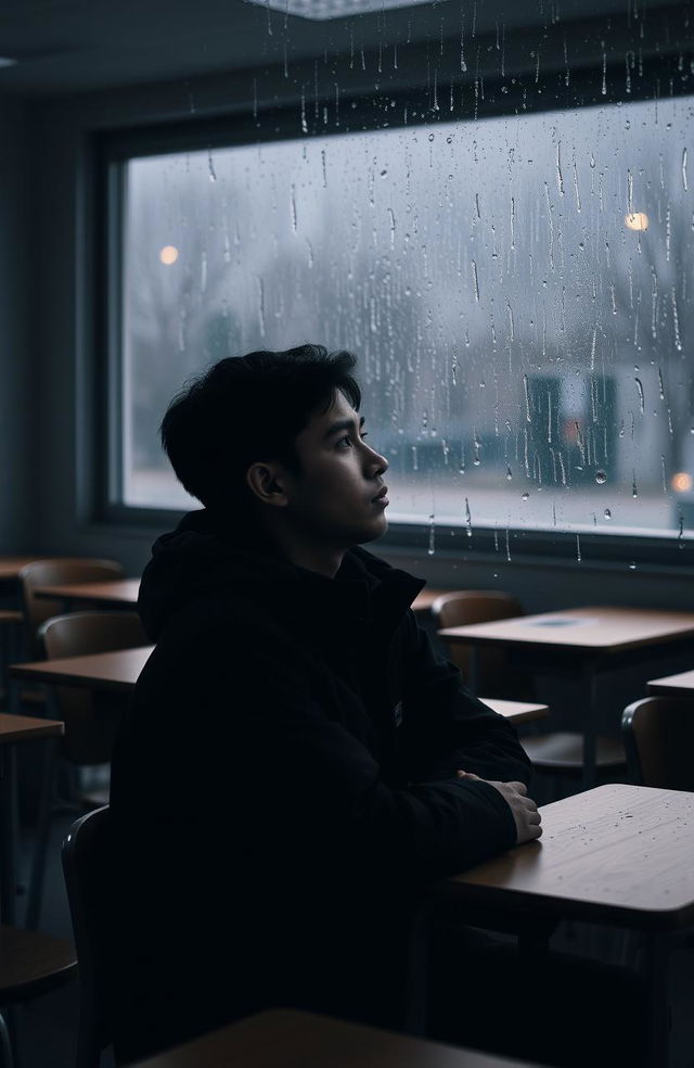 A young man sitting in his classroom, wearing a black jacket, gazing out at the rain through the window