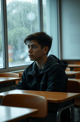 A young man sitting in his classroom, wearing a black jacket, gazing out at the rain through the window