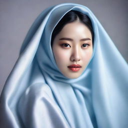 A hyperrealistic image of a stunning Korean girl, elegantly draped in a hijab, her serene beauty reflective of her inner tranquility, captured in the midst of a professional photoshoot