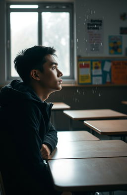 A young man sitting in his classroom, wearing a black jacket, gazing thoughtfully out of the window at the rain
