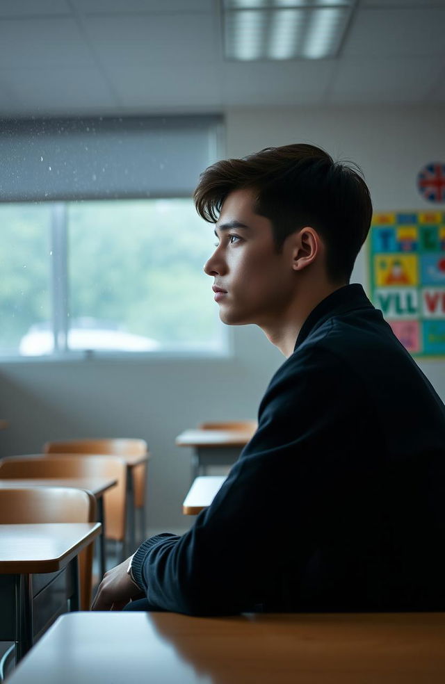 A young man sitting in his classroom, wearing a black jacket, gazing thoughtfully out of the window at the rain